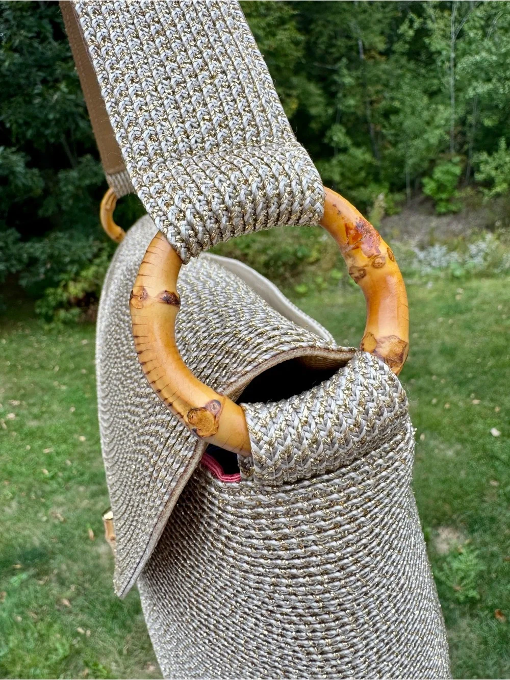 Eric Javits Woven Shoulder Bag with Gold Turn-Lock in Taupe